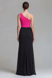 Fuchsia and Black One Shoulder Corset Mermaid Long Formal Dress with Slit