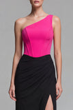 Fuchsia and Black One Shoulder Corset Mermaid Long Formal Dress with Slit