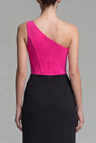 Fuchsia and Black One Shoulder Corset Mermaid Long Formal Dress with Slit