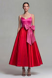 Fuchsia and Red A Line Satin Spaghetti Straps Midi Formal Dress with Bow