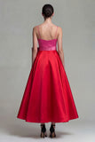 Fuchsia and Red A Line Satin Spaghetti Straps Midi Formal Dress with Bow