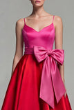 Fuchsia and Red A Line Satin Spaghetti Straps Midi Formal Dress with Bow