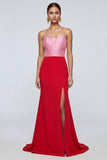 Strapless Mermaid Pink and Red Long Formal Dress with Slit