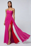 Fuchsia Mermaid Strapless Tulle Long Formal Dress with Sash