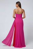 Fuchsia Mermaid Strapless Tulle Long Formal Dress with Sash