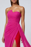 Fuchsia Mermaid Strapless Tulle Long Formal Dress with Sash