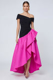 Fuchsia and Black A Line Off the Shoulder Ruffled Asymmetrical Formal Dress
