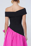 Fuchsia and Black A Line Off the Shoulder Ruffled Asymmetrical Formal Dress