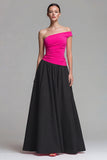 Fuchsia and Black One Shoulder A Line Long Formal Dress