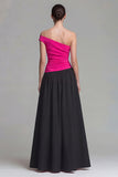 Fuchsia and Black One Shoulder A Line Long Formal Dress