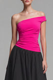Fuchsia and Black One Shoulder A Line Long Formal Dress