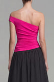 Fuchsia and Black One Shoulder A Line Long Formal Dress
