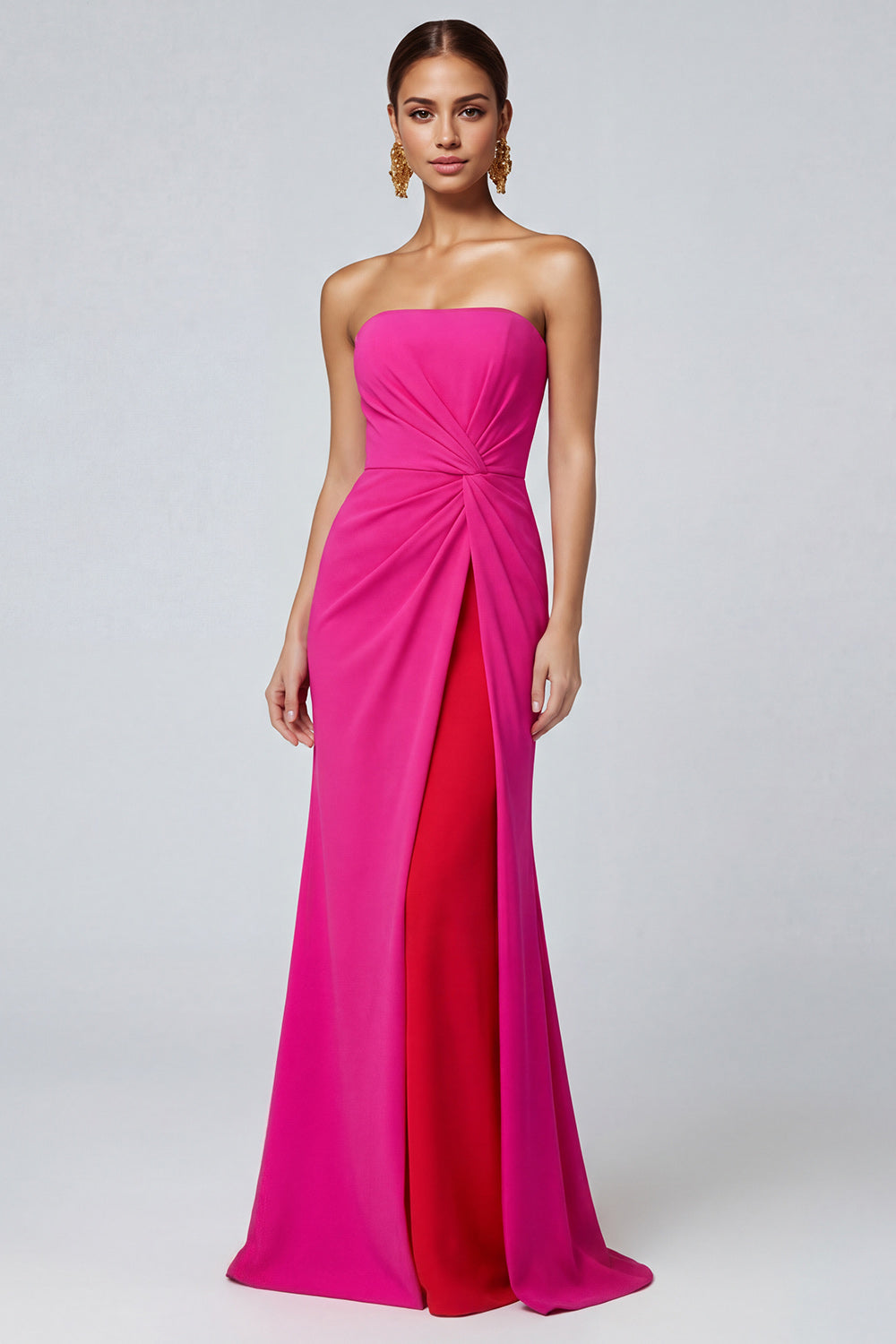 Zapaka Women Fuchsia and Red Long Formal Dress Strapless Mermaid Ruched