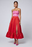 Strapless Pink and Fuchsia A Line Midi Formal Dress with Slit