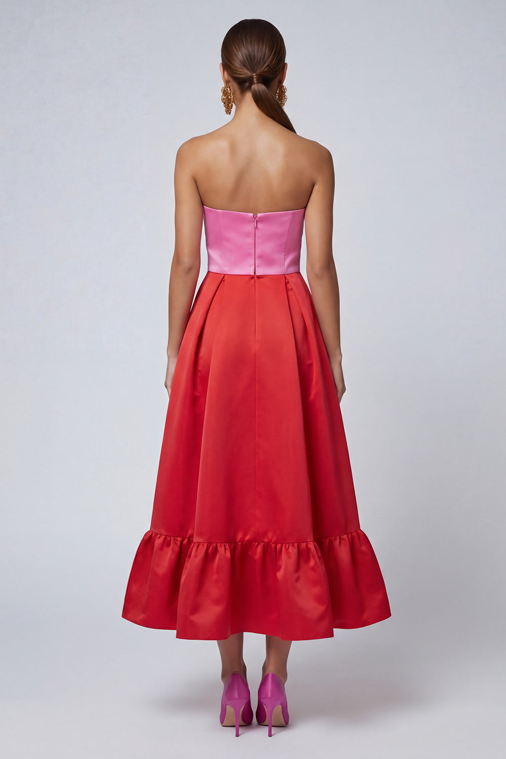 Zapaka Women Strapless Pink and Red Formal Dress A Line Midi Party