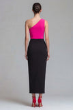 One Shoulder Fuchsia and Black Sheath Midi Formal Dress with Slit