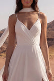 Spaghetti Straps A Line Ivory Maxi Beach Wedding Dress with Slit
