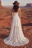 A Line Spaghetti Straps Ivory Floral Lace High Low Boho Wedding Dress