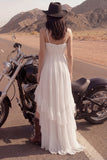 Ivory Spaghetti Straps A Line High-Low Beach Wedding Dress with Ruffles