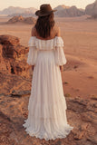 Off The Shoulder Maxi A Line Ivory Beach Wedding Dress with Ruffles
