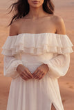Off The Shoulder Maxi A Line Ivory Beach Wedding Dress with Ruffles