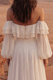 Off The Shoulder Maxi A Line Ivory Beach Wedding Dress with Ruffles