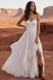 Ivory A Line Ruffled Long Boho Wedding Dress with Slit
