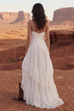 Ivory A Line Ruffled Long Boho Wedding Dress with Slit