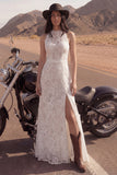 Ivory A Line Lace High Neck Long Boho Wedding Dress with Slit