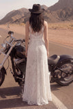 Ivory A Line Lace High Neck Long Boho Wedding Dress with Slit