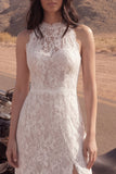 Ivory A Line Lace High Neck Long Boho Wedding Dress with Slit