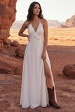 Halter Ivory A Line Ruffled Long Boho Wedding Dress with Slit