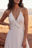Halter Ivory A Line Ruffled Long Boho Wedding Dress with Slit