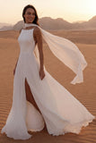 Ivory A Line Spaghetti Straps Long Boho Wedding Dress with Scarf