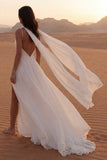 Ivory A Line Spaghetti Straps Long Boho Wedding Dress with Scarf