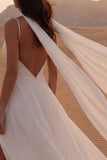 Ivory A Line Spaghetti Straps Long Boho Wedding Dress with Scarf