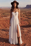 Simple Ivory Strapless A Line Long Beach Wedding Dress with Slit