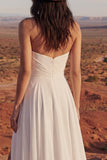 Simple Ivory Strapless A Line Long Beach Wedding Dress with Slit