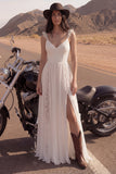 Ivory V-Neck A Line Lace Beach Long Wedding Dress with Slit