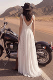 Ivory V-Neck A Line Lace Beach Long Wedding Dress with Slit