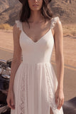 Ivory V-Neck A Line Lace Beach Long Wedding Dress with Slit
