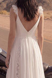 Ivory V-Neck A Line Lace Beach Long Wedding Dress with Slit