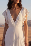 Ivory V-Neck A Line Long Beach Wedding Dress with Ruffles
