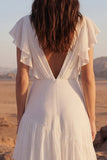 Ivory V-Neck A Line Long Beach Wedding Dress with Ruffles