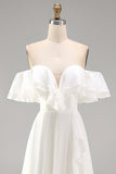Ivory Off the Shoulder A Line Maxi Beach Wedding Dress with Ruffles