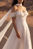 Ivory Neck Scarf A Line Ruffled Chiffon Beach Wedding Dress