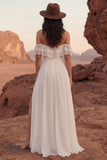 Simple Ivory Off the Shoulder Long Beach Wedding Dress with Slit