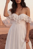 Simple Ivory Off the Shoulder Long Beach Wedding Dress with Slit