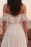 Simple Ivory Off the Shoulder Long Beach Wedding Dress with Slit