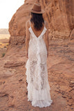 Ivory Floral Sheath Long Boho Wedding Dress with Ruffles